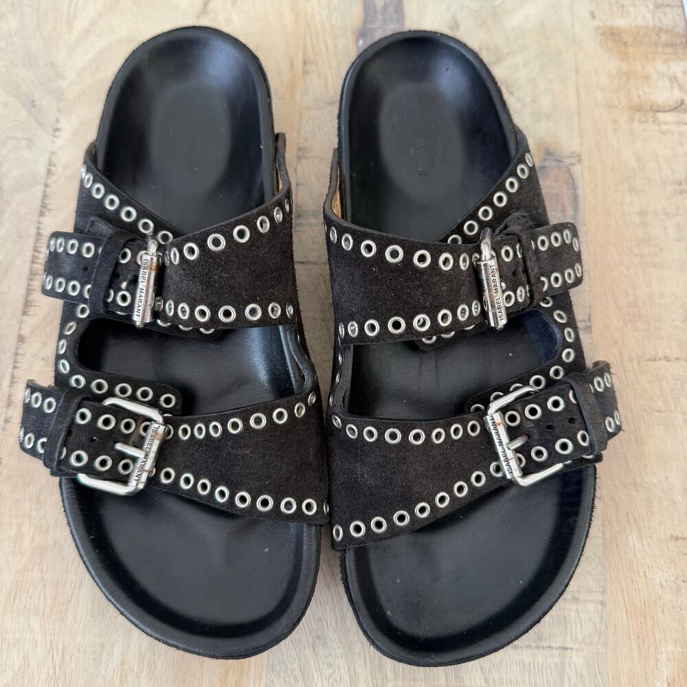 Isabel Marant Black Suede Studded Sandals Size 38 –Designer Double Buckle Slides